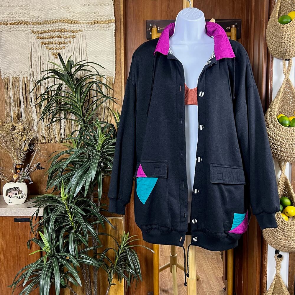Vintage 90s Reversible Geometric Colorblock Jacket OS Retro Oversized Streetwear